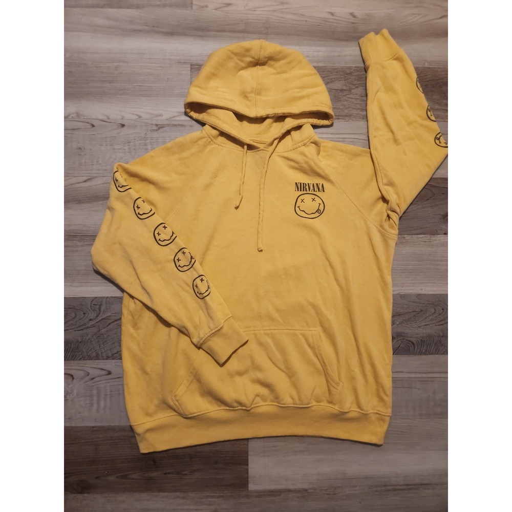 Nirvana Hoodie Yellow Women Size Large Smiley Face Logo Design On Back